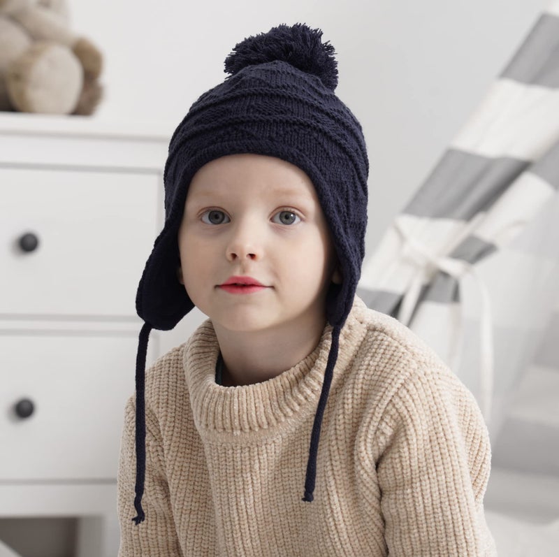 Connectyle Toddler Boys Fleece Lined Knit Kids Hat with Earflap Winter Cap Warm Pompom Beanies Watch Hat M Navy - Image 2